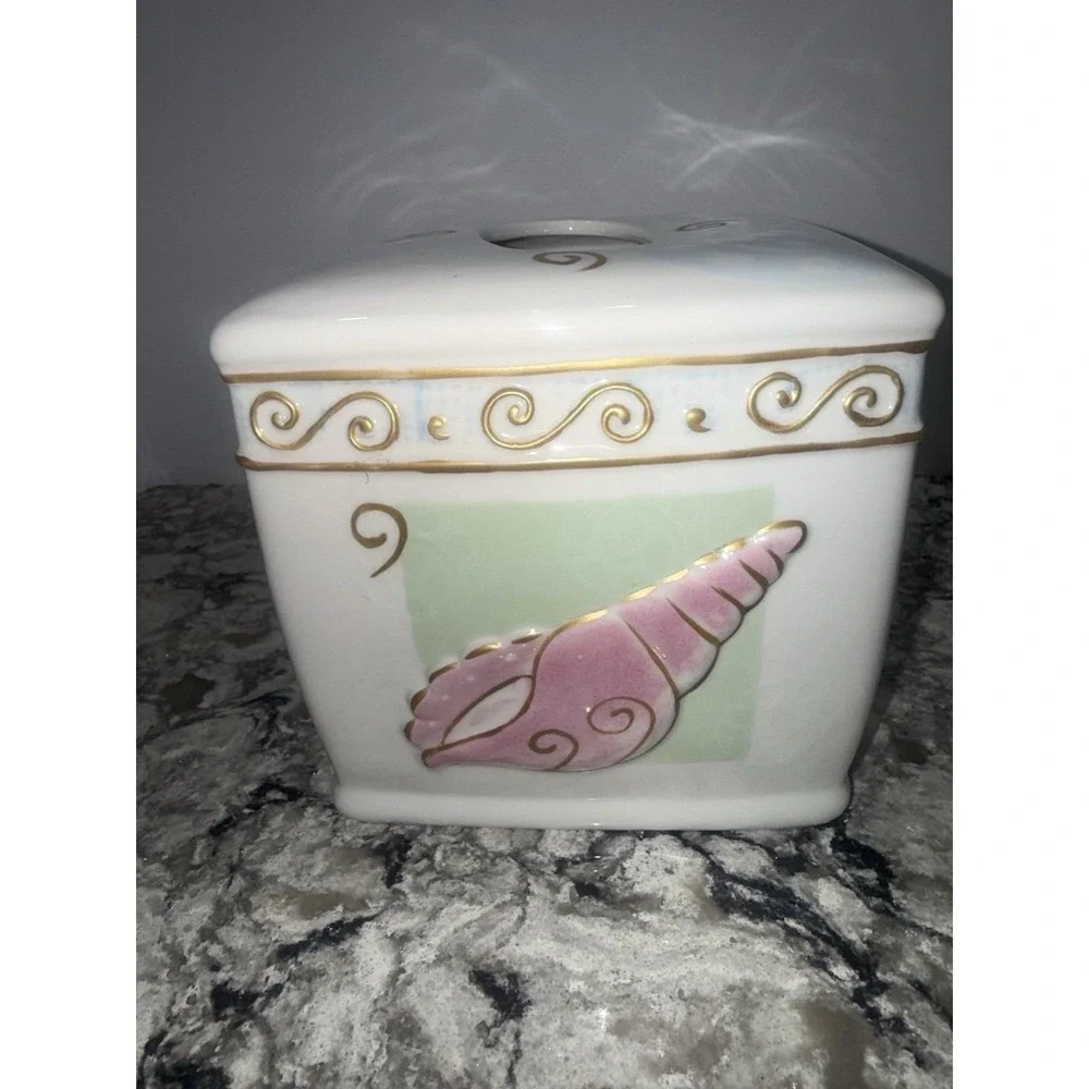 Ceramic Beach Seashell Starfish Tissue Box Cover Rectangular Coastal Ocean